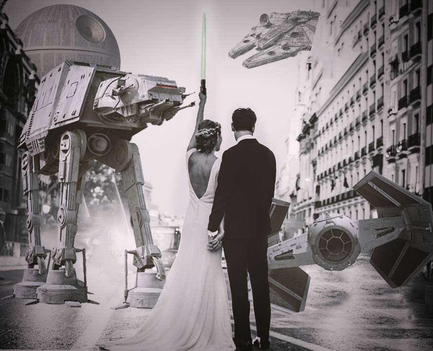 fotomontaje de star wars en una foto de boda